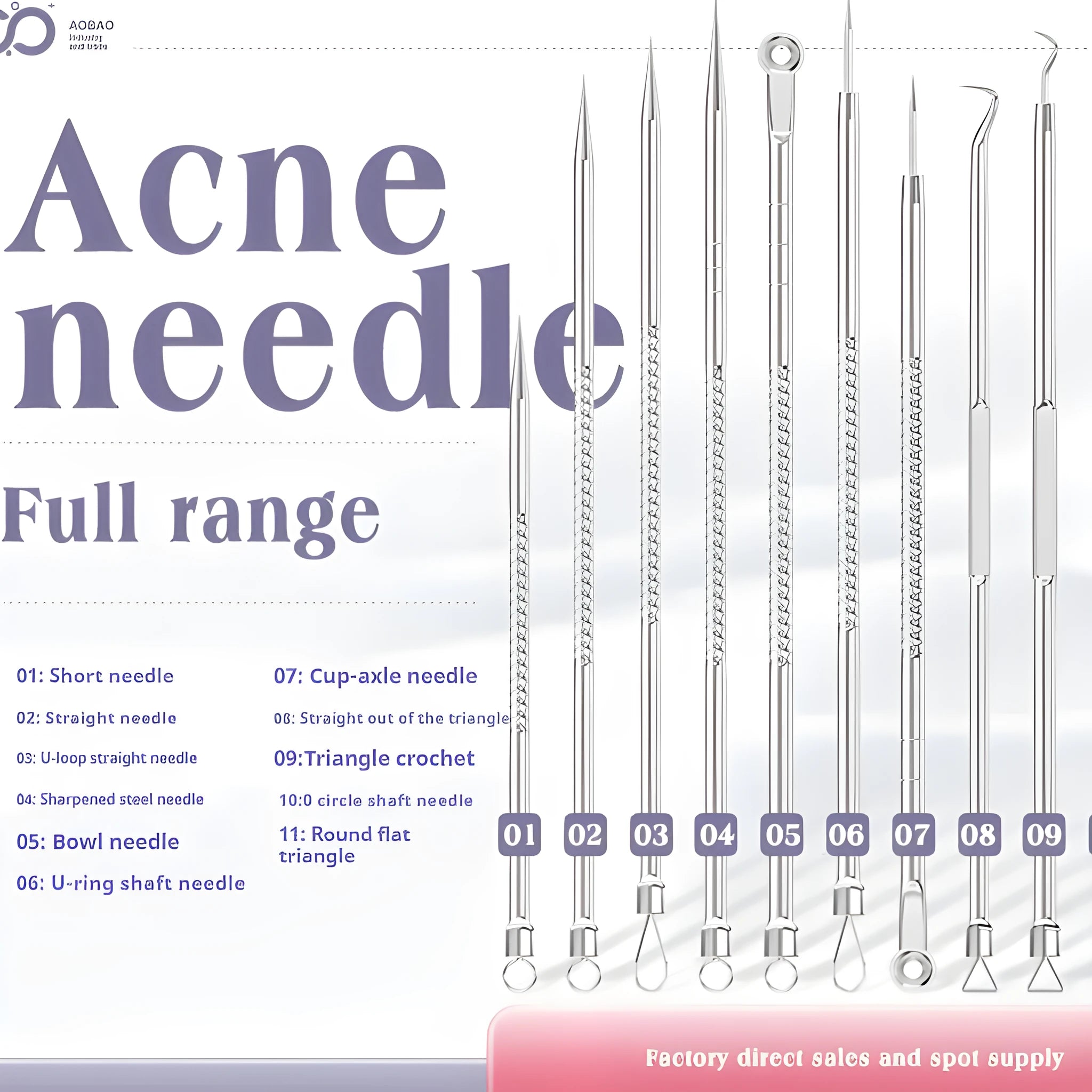 Four metal acne needles with ultra fine points, shown in assorted colours from a 33-option range.