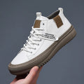 Men's middle top leather lace-up casual shoes with rubber sole, round toe and flat heel, in black or white