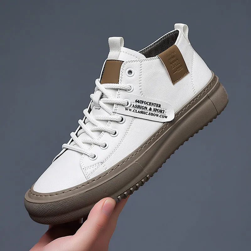 Men's middle top leather lace-up casual shoes with rubber sole, round toe and flat heel, in black or white