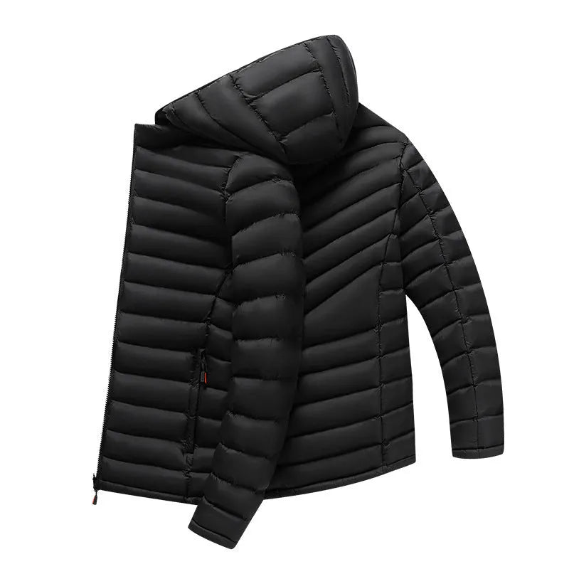 Men's army green lightweight down hooded jacket with a detachable collar and zippered pockets.