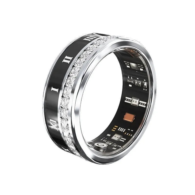 Diamond inlaid smart ring in silver and gold colours with blood oxygen monitoring technology