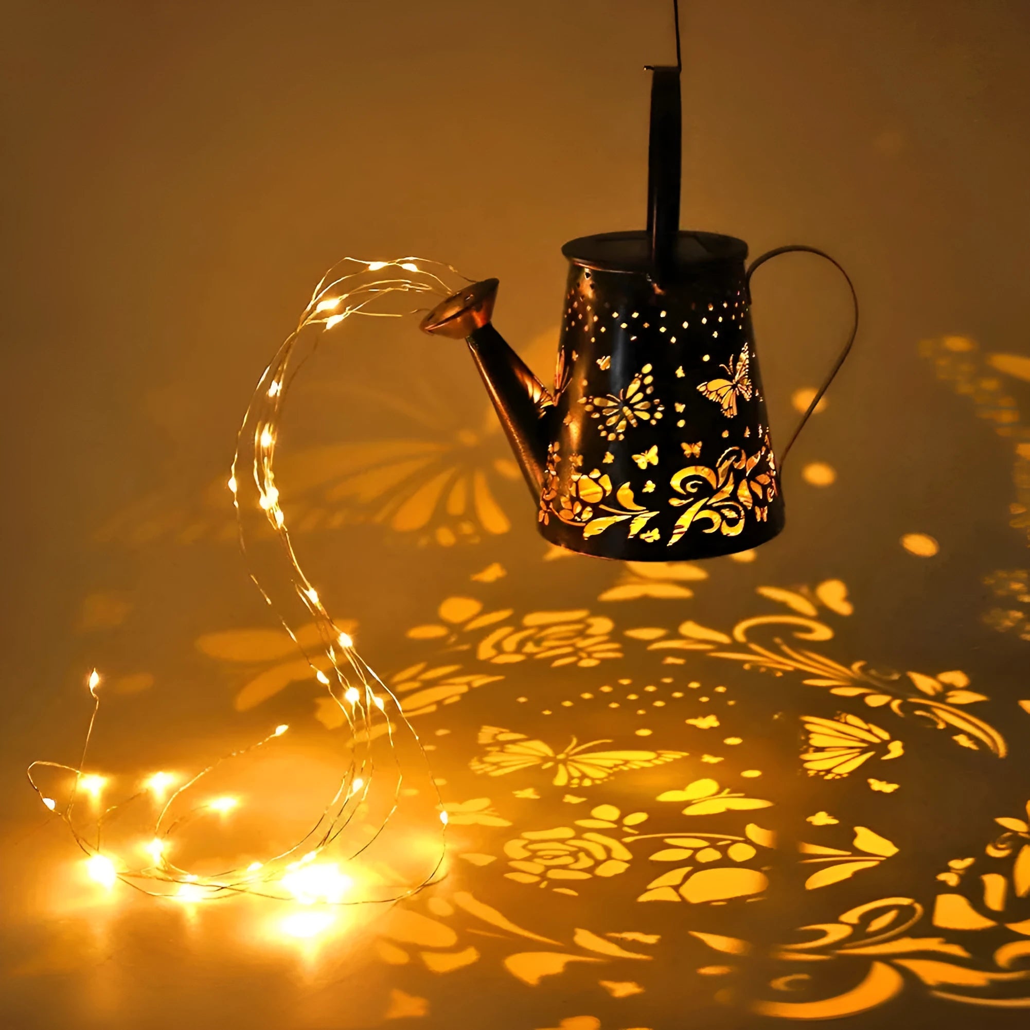 Solar garden lamp with tapered iron butterfly design and warm white LED light.