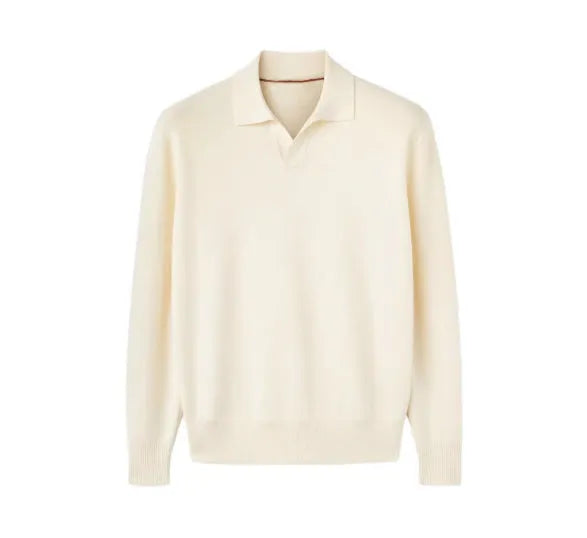 Pure wool polo sweater with lapel collar in milky white, shown in a loose fit.