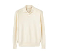 Pure wool polo sweater with lapel collar in milky white, shown in a loose fit.