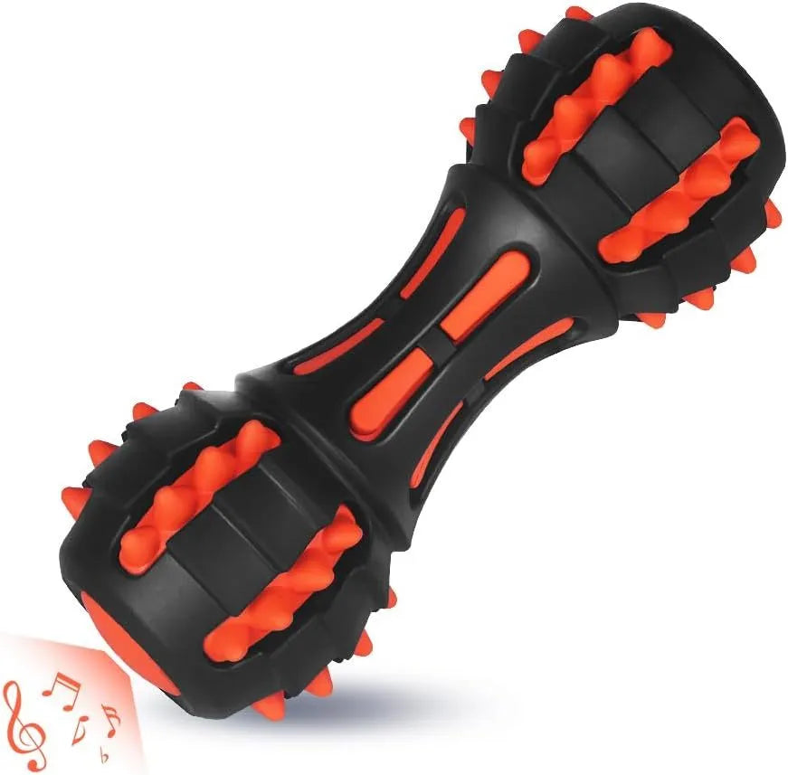 Red dumbbell-shaped dog chew toy made of natural rubber for aggressive chewers.