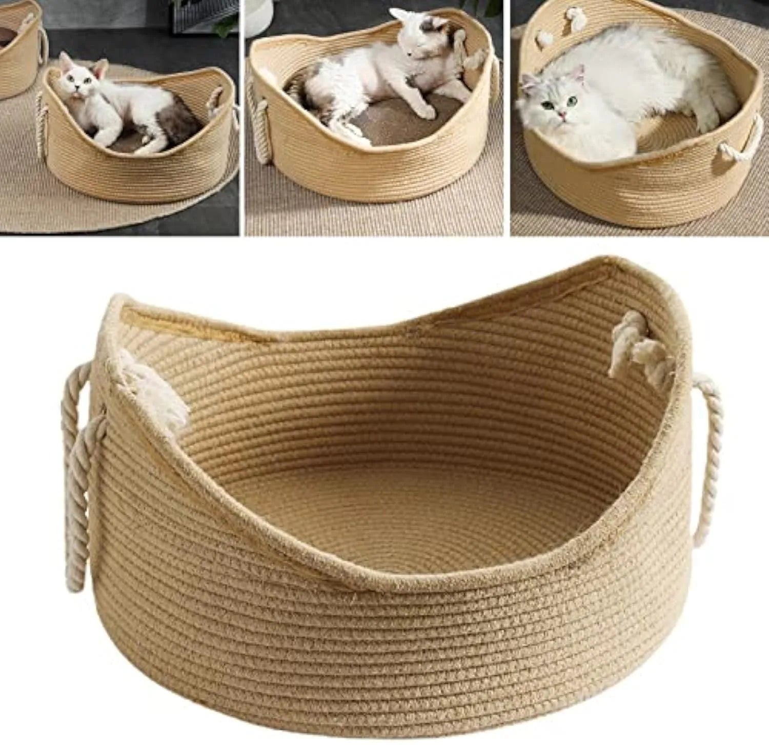 Wicker cat basket bed with integrated corrugated cardboard scratching panel, shown in large and small sizes.
