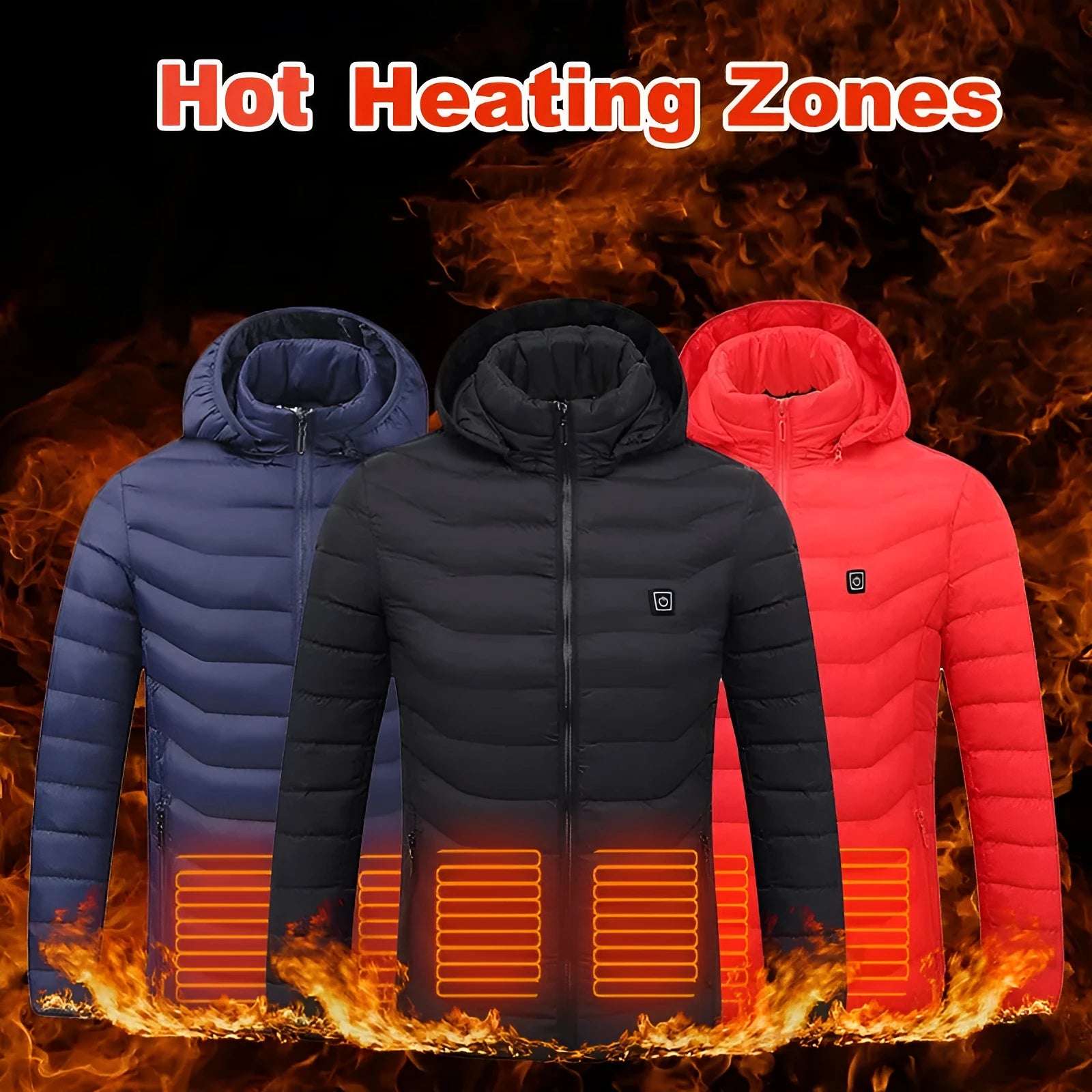 Winter heated jacket with USB carbon fibre heating, removable hood, available in black, blue, and red colours