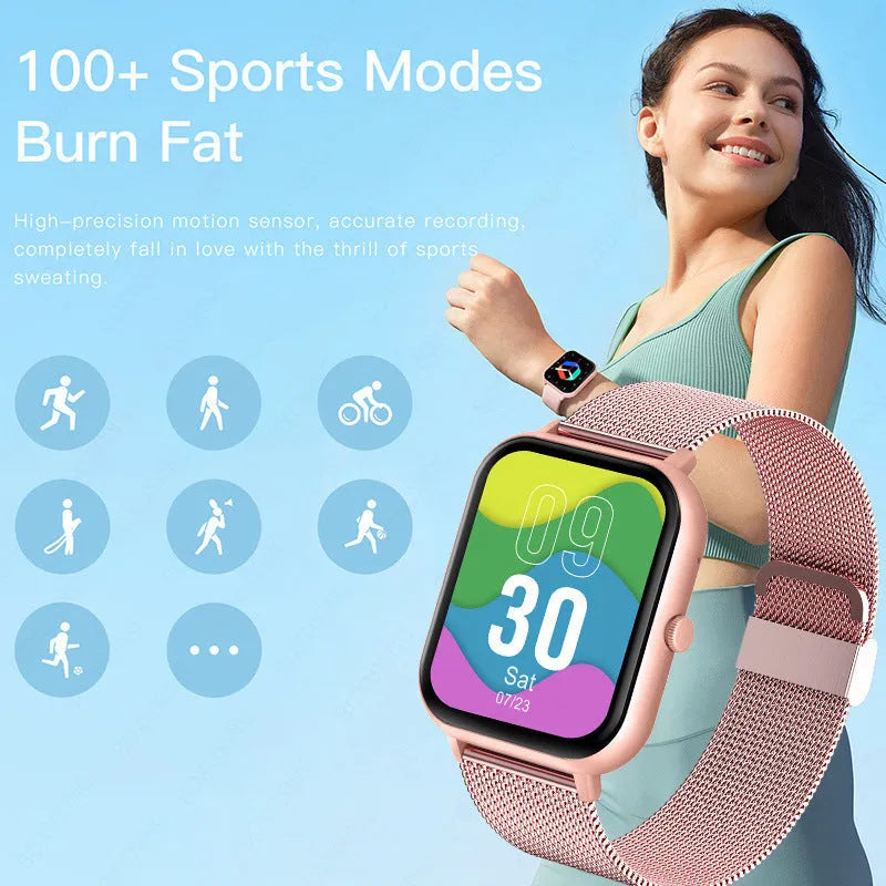 ZL54C smart watch showing AMOLED display with health metrics, available in black, silver, pink, and Milan steel strap variations