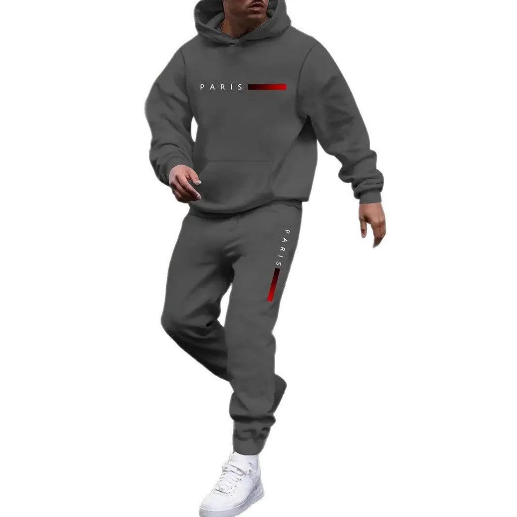 Men's printed hooded autumn tracksuit set with matching trousers in polyester fibre