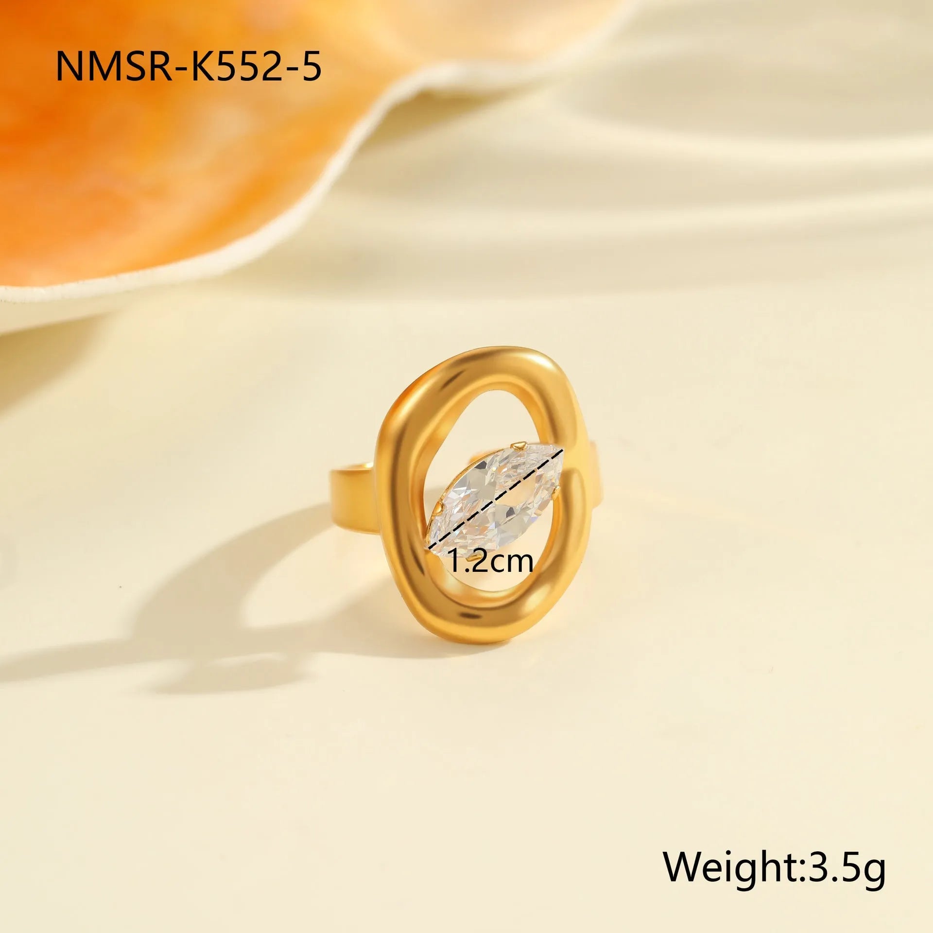 Geometric stainless steel ring with open mouth adjustable design and faceted zircon centrepiece