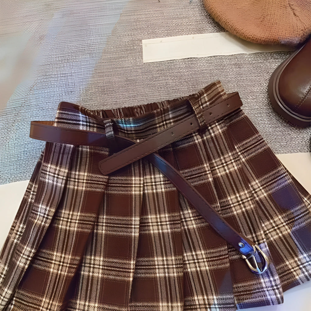 Girls plaid pleated A-line skirt in cotton blend fabric for spring and autumn casual wear