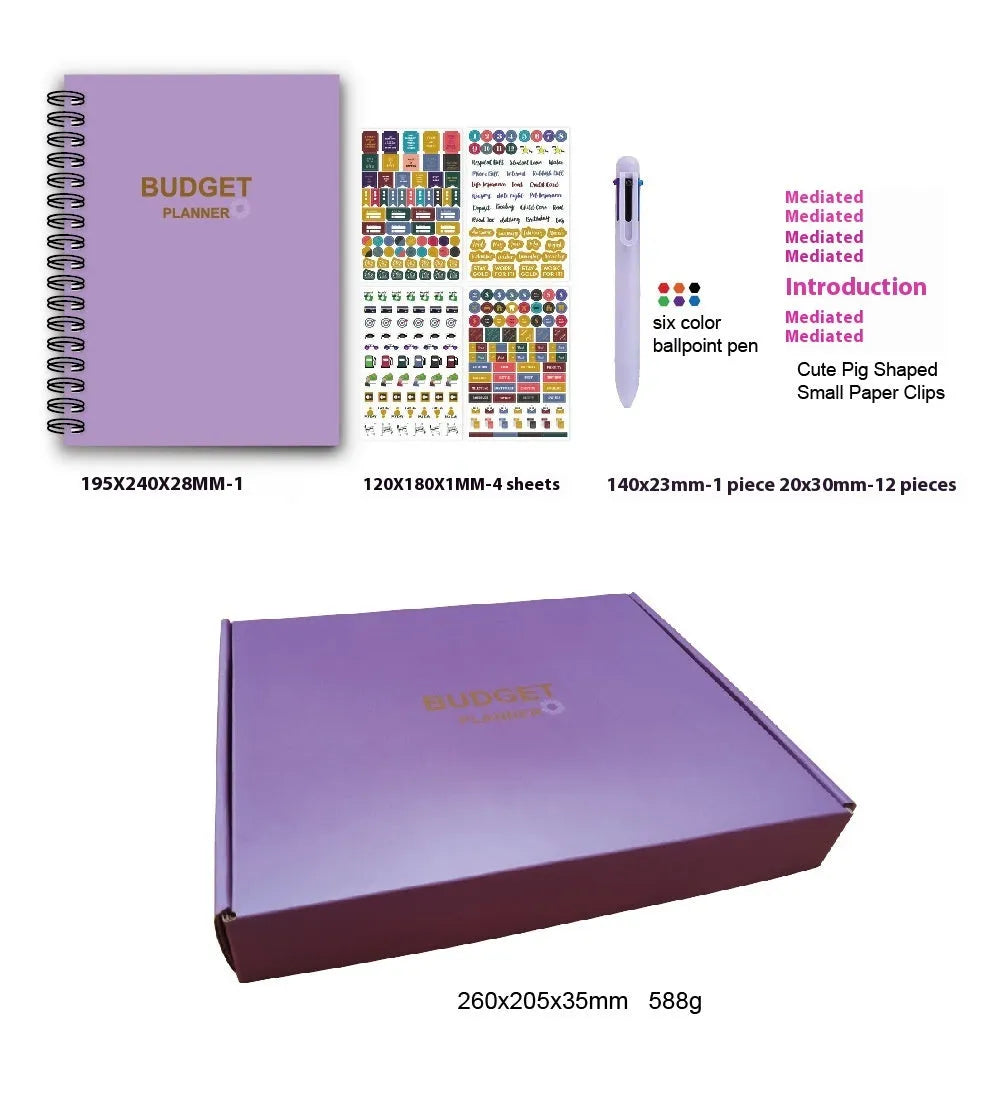 Purple A4 coil notebook for financial planning with stickers, pen, and paper clips