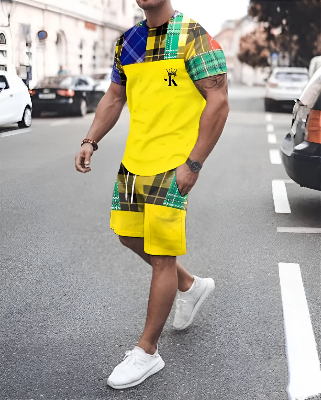 Casual 2-piece set with 3D digital printing: short-sleeve T-shirt and shorts in thin chemical fibre blend, sizes S to 5XL