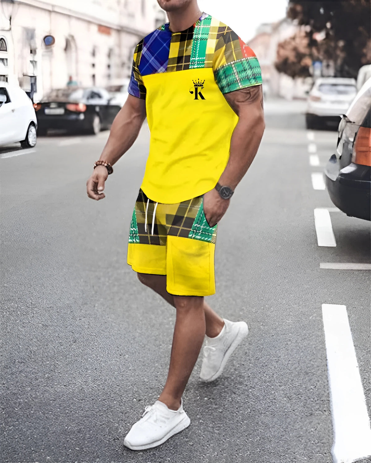 Casual 2-piece set with 3D digital printing: short-sleeve T-shirt and shorts in thin chemical fibre blend, sizes S to 5XL