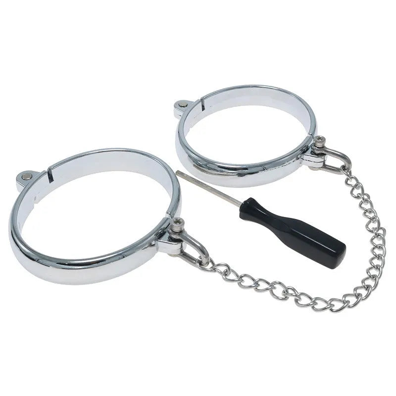 Silver zinc alloy handcuffs and footcuffs set with stainless steel watch bracelet, four size options