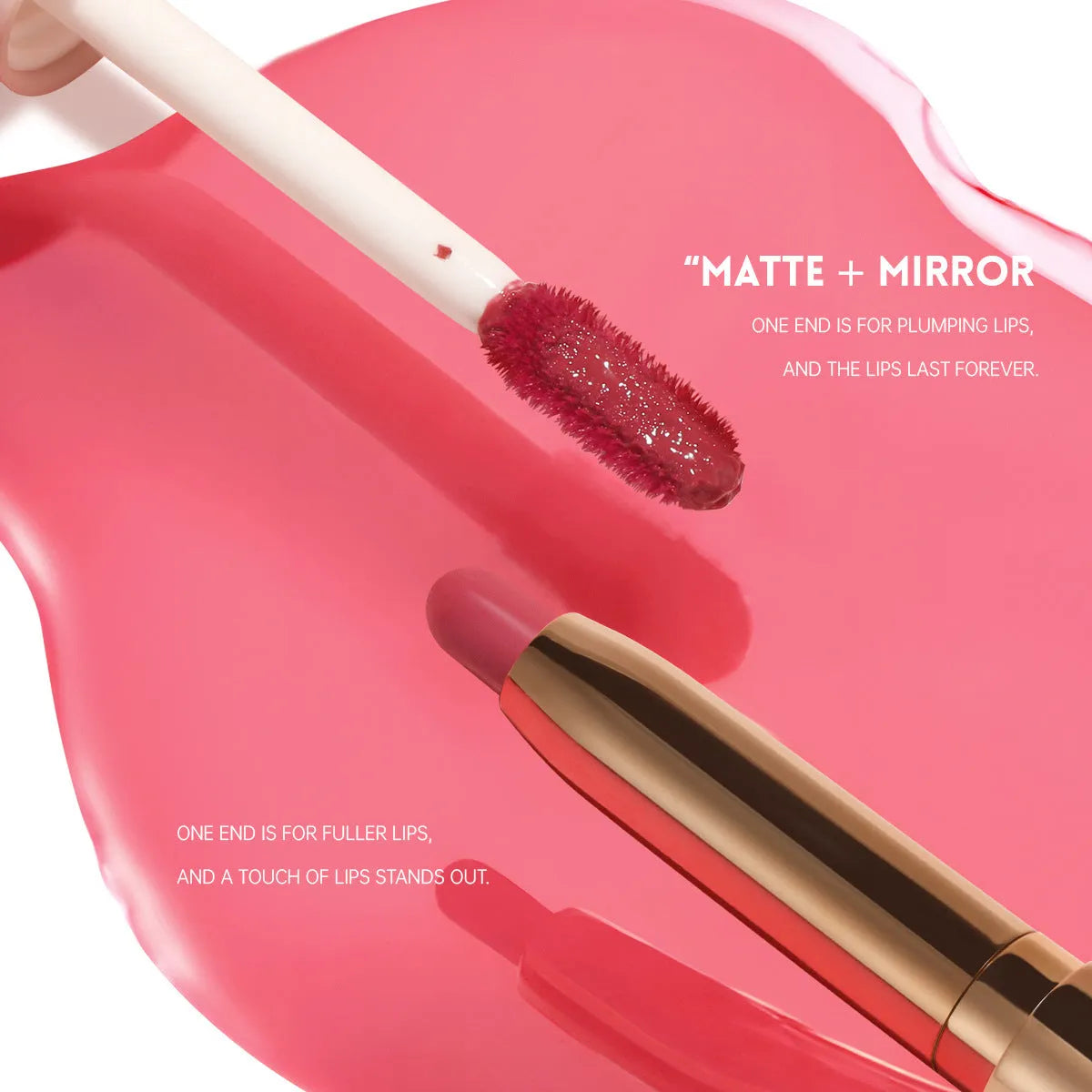 Double-headed lipstick lip gloss with matte finish showing 10 colour options