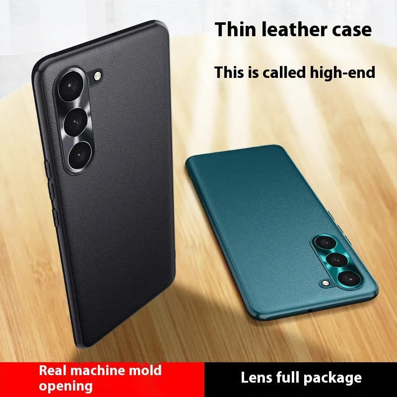 Leather pattern Samsung phone case with metal lens ring in Athens Black, shockproof back cover