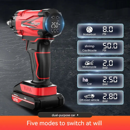 Red and black portable car wireless air pump with nozzles and power cable for tyre inflation