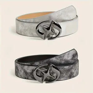 Women's vintage oval buckle belt in thick 4cm width with antique grey white colour