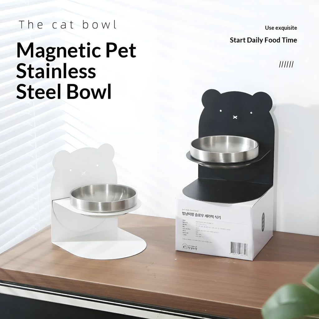 Inclined stainless steel cat feeding bowl on black magnetic stand with bear design