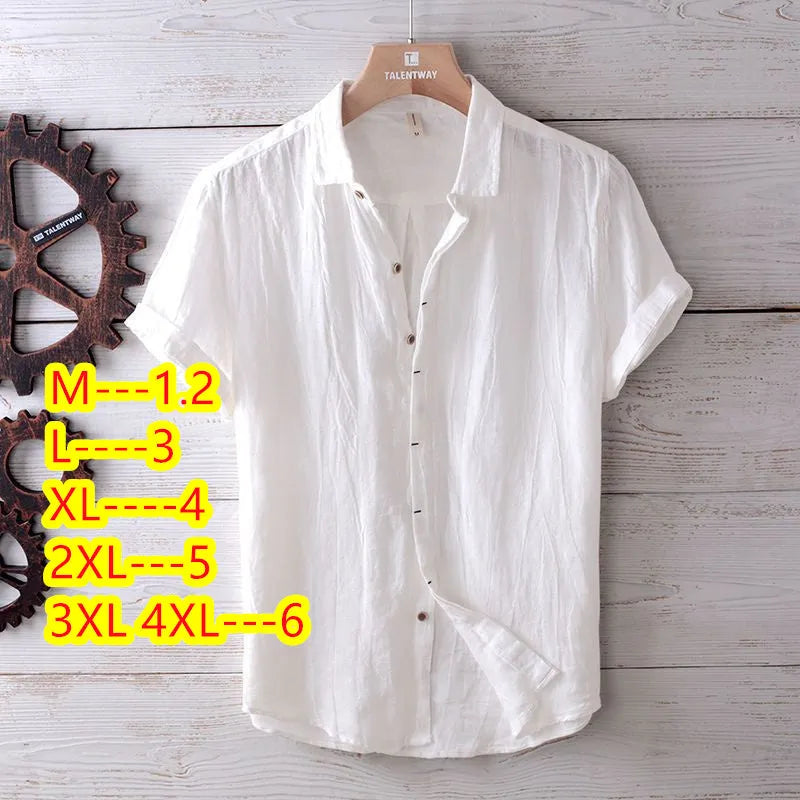 Men's solid colour retro distressed linen shirt in white with relaxed fit and button front
