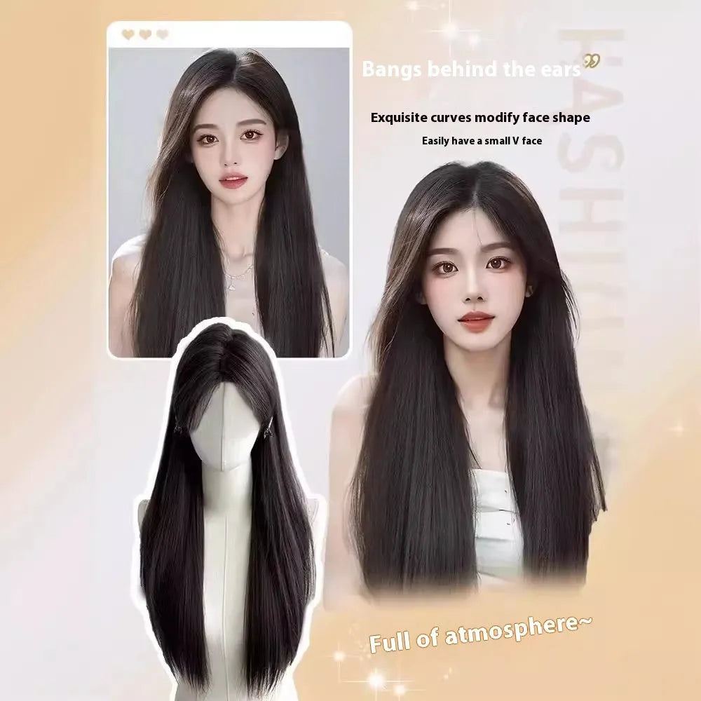 Forehead lace long straight synthetic wig with side bangs in dark brown colour