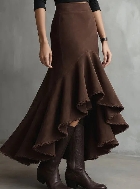 Western Brown High-Low Eco Suede Ruffle Maxi Skirt for Women