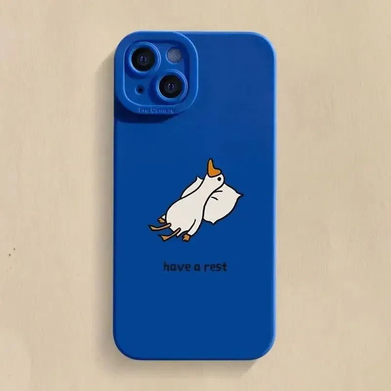 Cute cartoon duck design on a blue silicone case for Apple iPhone
