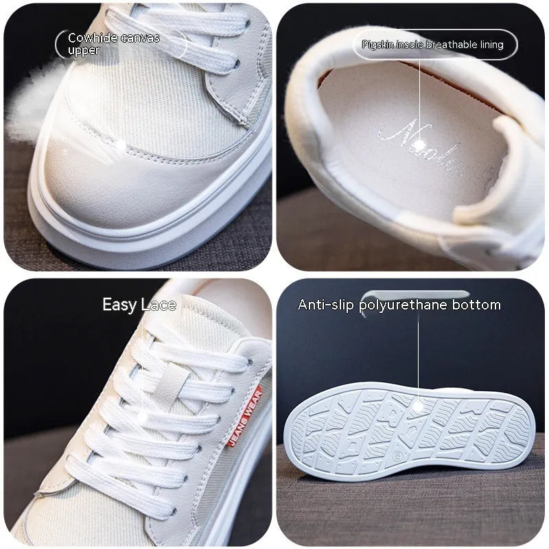 Women's beige and pink leather board shoes with thick soles for height increase