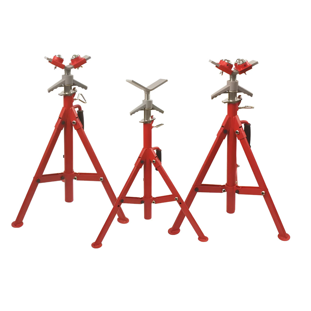 Metal V-head pipe support bracket for steel pipes, showing high and low height options with ball joints.