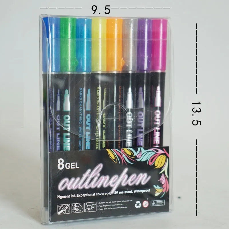 Double line outline pen metal body twelve colour set with 1-2mm wire width