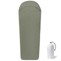 Blue mummy-style nylon sleeping bag unrolled, showing tapered design and matt fabric texture.