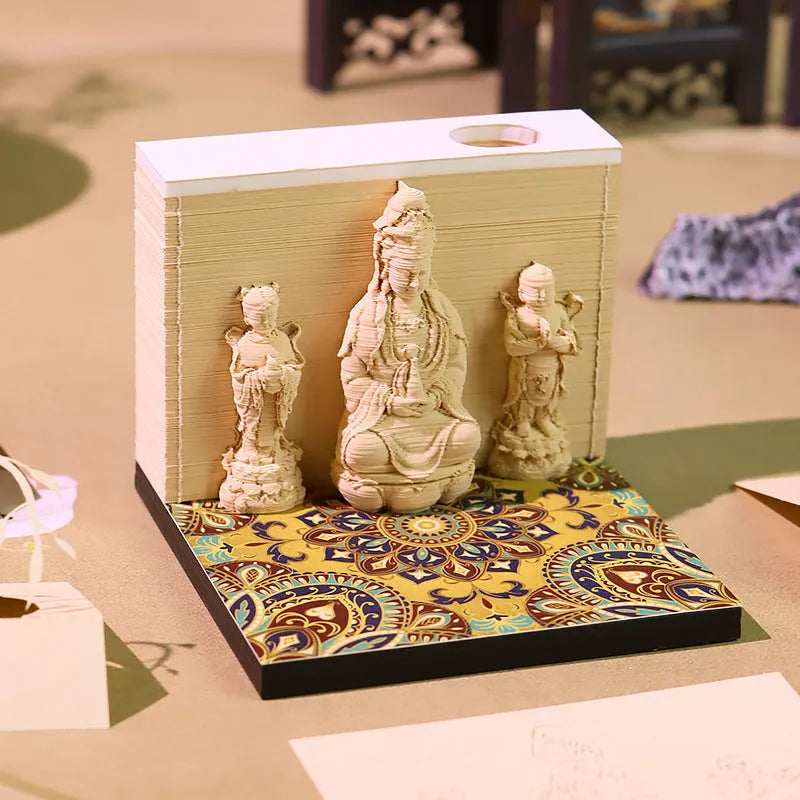 Seated Lotus Guanyin 3D paper carving calendar with Wealth Boy, 2026 English calendar, light version retro style