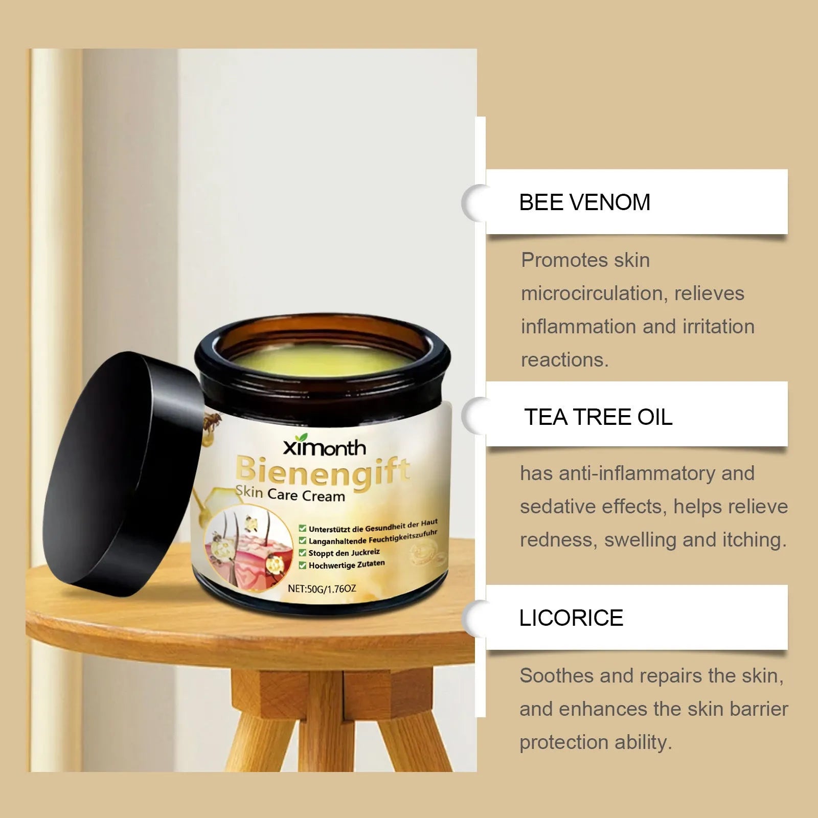 Bee venom herbal blend body cream 50g tube for neck and body moisturising
