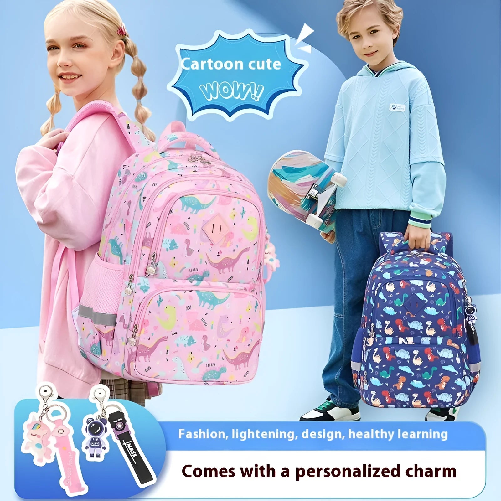 Children's waterproof school backpack in Oxford cloth with dinosaur pattern and curved shoulder straps