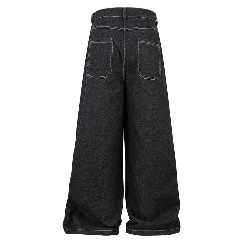 Black pleated work trousers with multiple pockets in cotton denim fabric