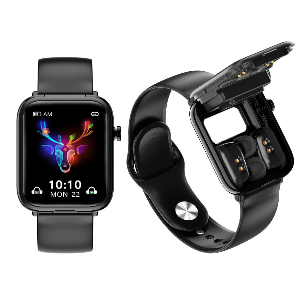Black smartwatch with touchscreen on wrist next to its open magnetic charging case holding two wireless earbuds.
