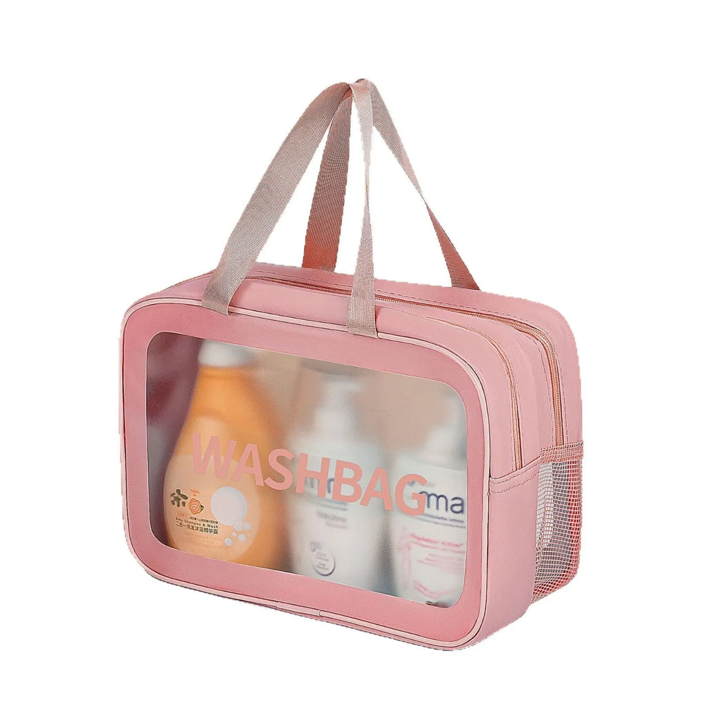 3-piece PVC wash bag set in transparent waterproof material, large medium and small sizes, beige black blue pink white