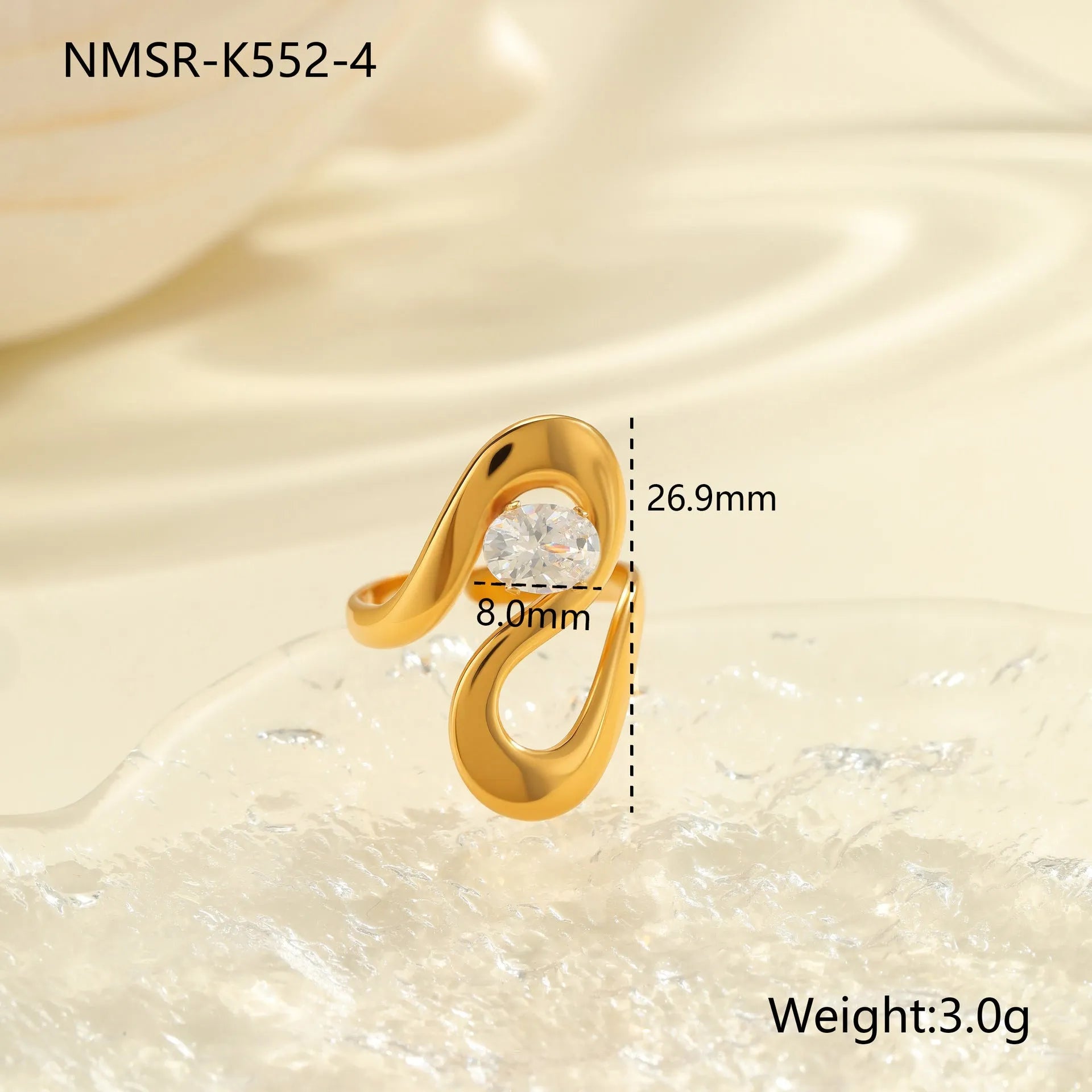 Geometric stainless steel ring with open mouth adjustable design and faceted zircon centrepiece