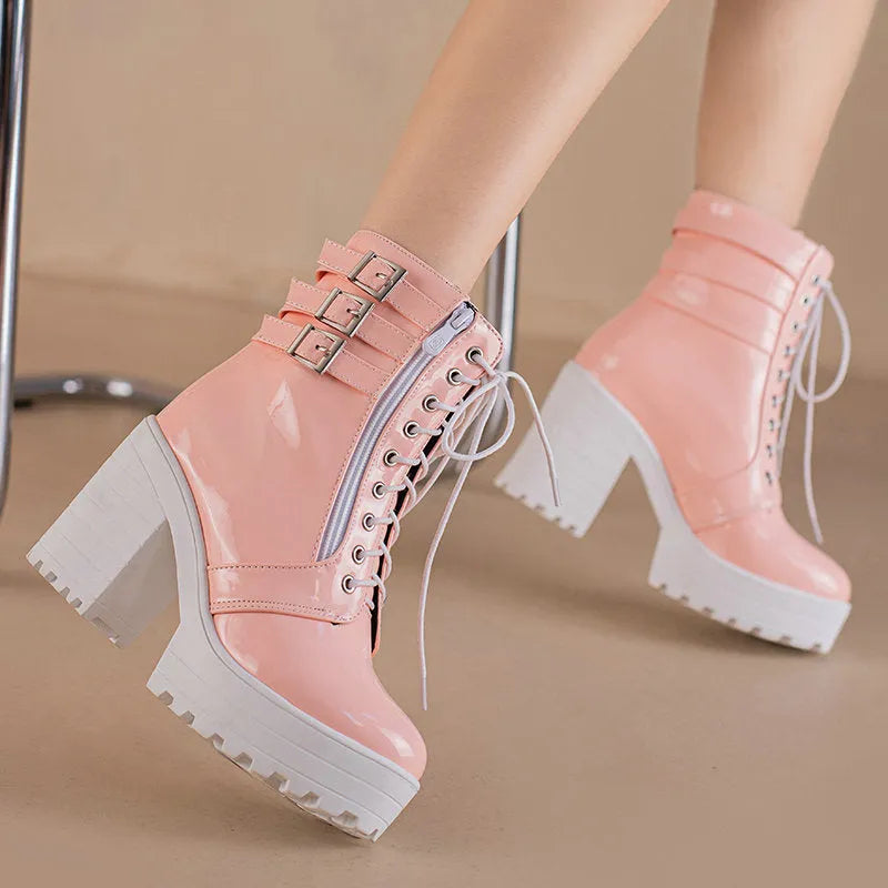 Women's black thick-heeled short boots with lace-up front and waterproof platform