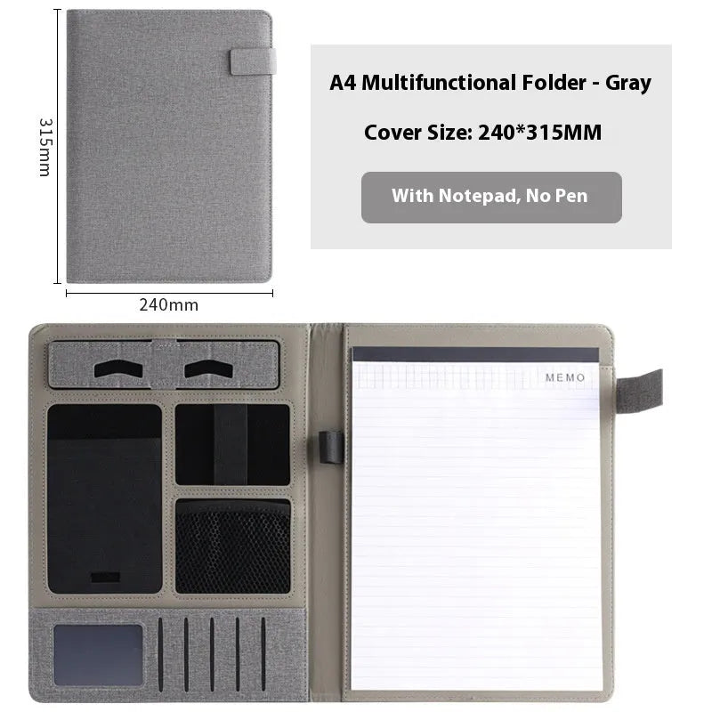 Black leather A4 business folder open, showing interior document space, pen loop, and optional notepad.