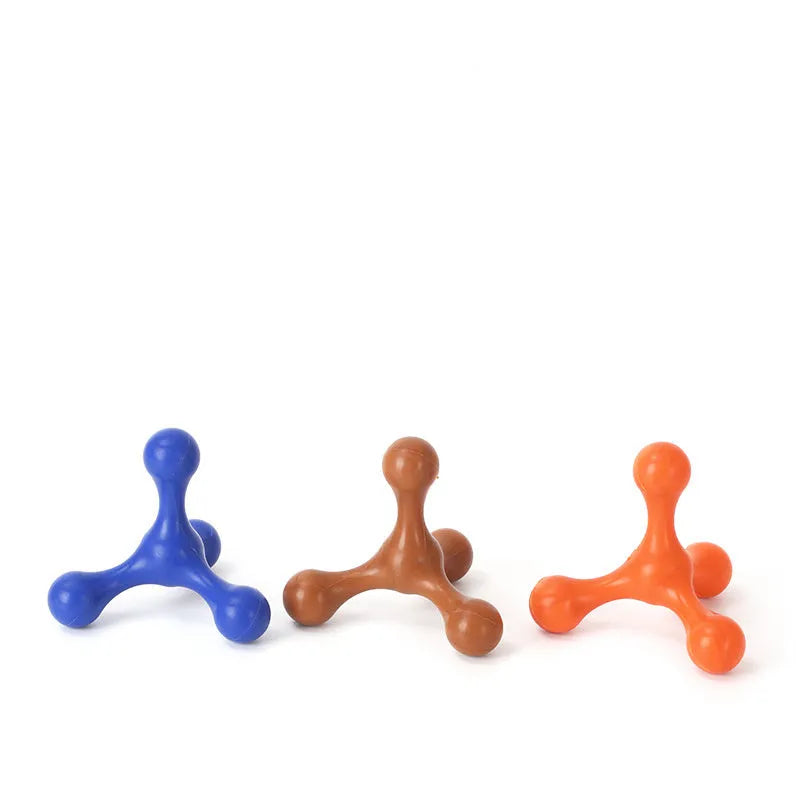 Blue beef-flavoured silicone chew toy for small puppies with three legs, shown next to a ruler measuring 9.5cm.