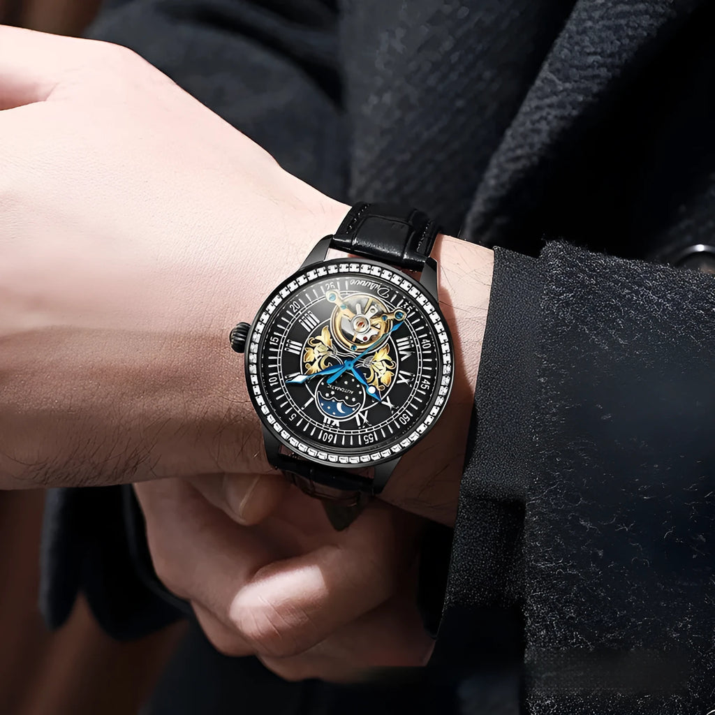 Men's waterproof mechanical watch with stainless steel strap and visible movement through transparent case back.