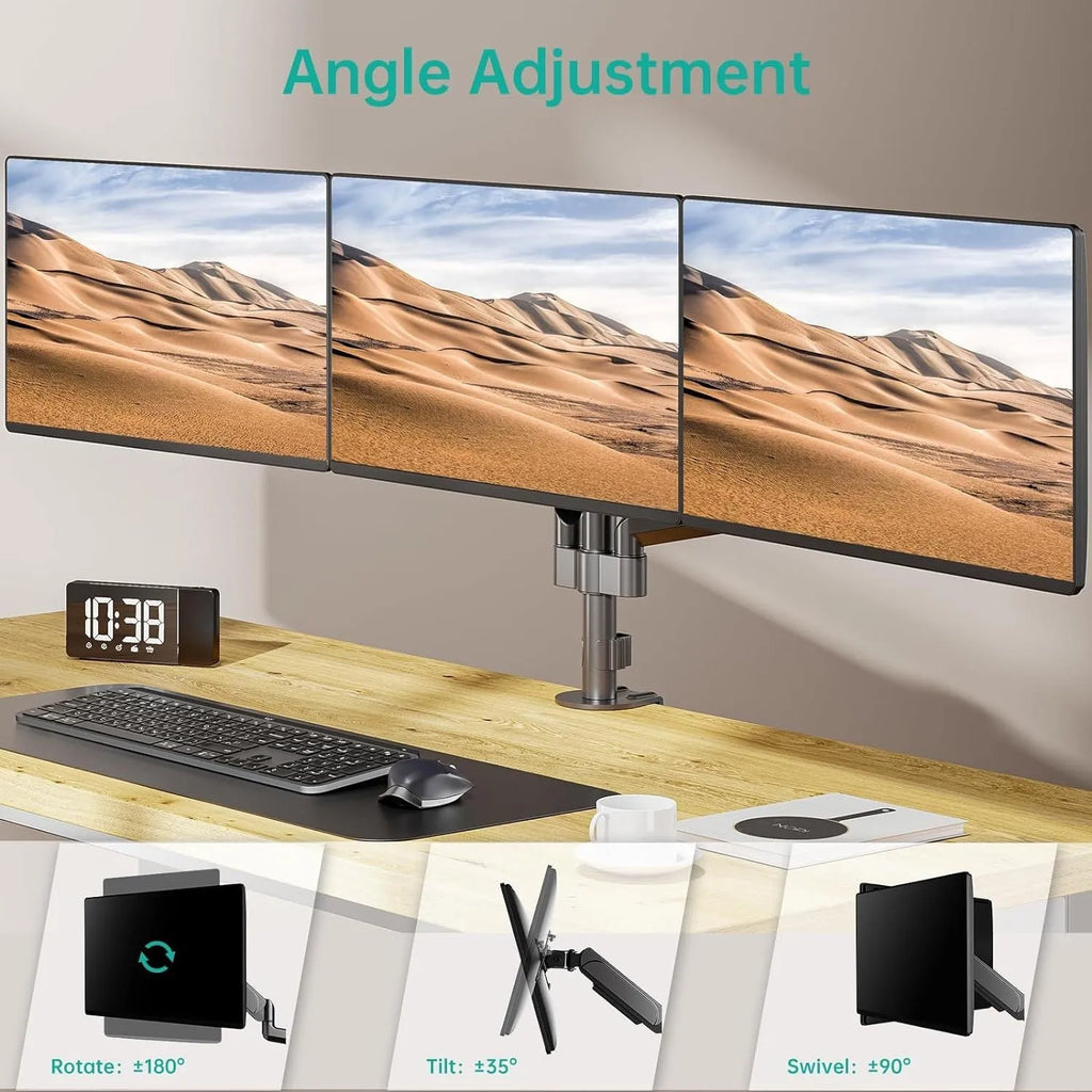 Black aluminium alloy triple-arm gas spring monitor arm for 27-inch screens