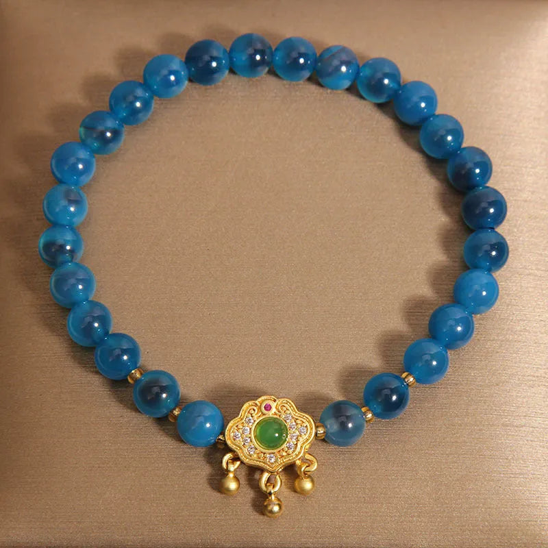 Blue sugar heart agate safety lock pendant women's bracelet with alloy inlay and rhinestones