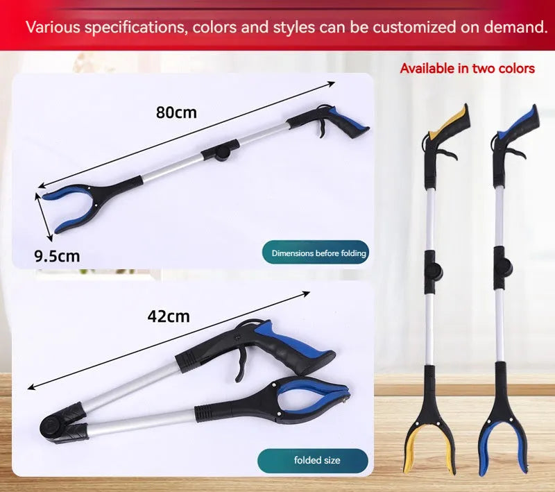 Foldable aluminium garbage pick-up clamp with extended pincers and a coloured handle, shown next to its magnet sucker attachment.