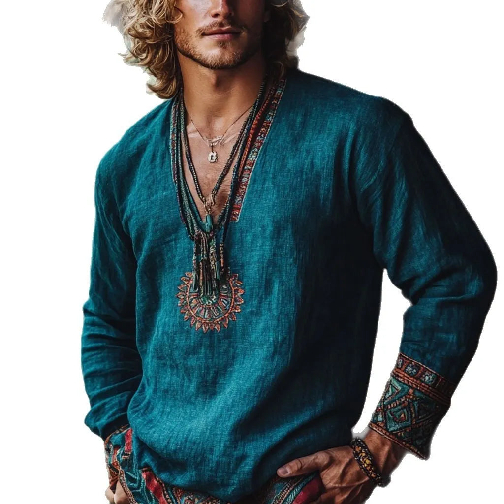 Women's vintage printed boho style long sleeve casual pullover top in picture colour