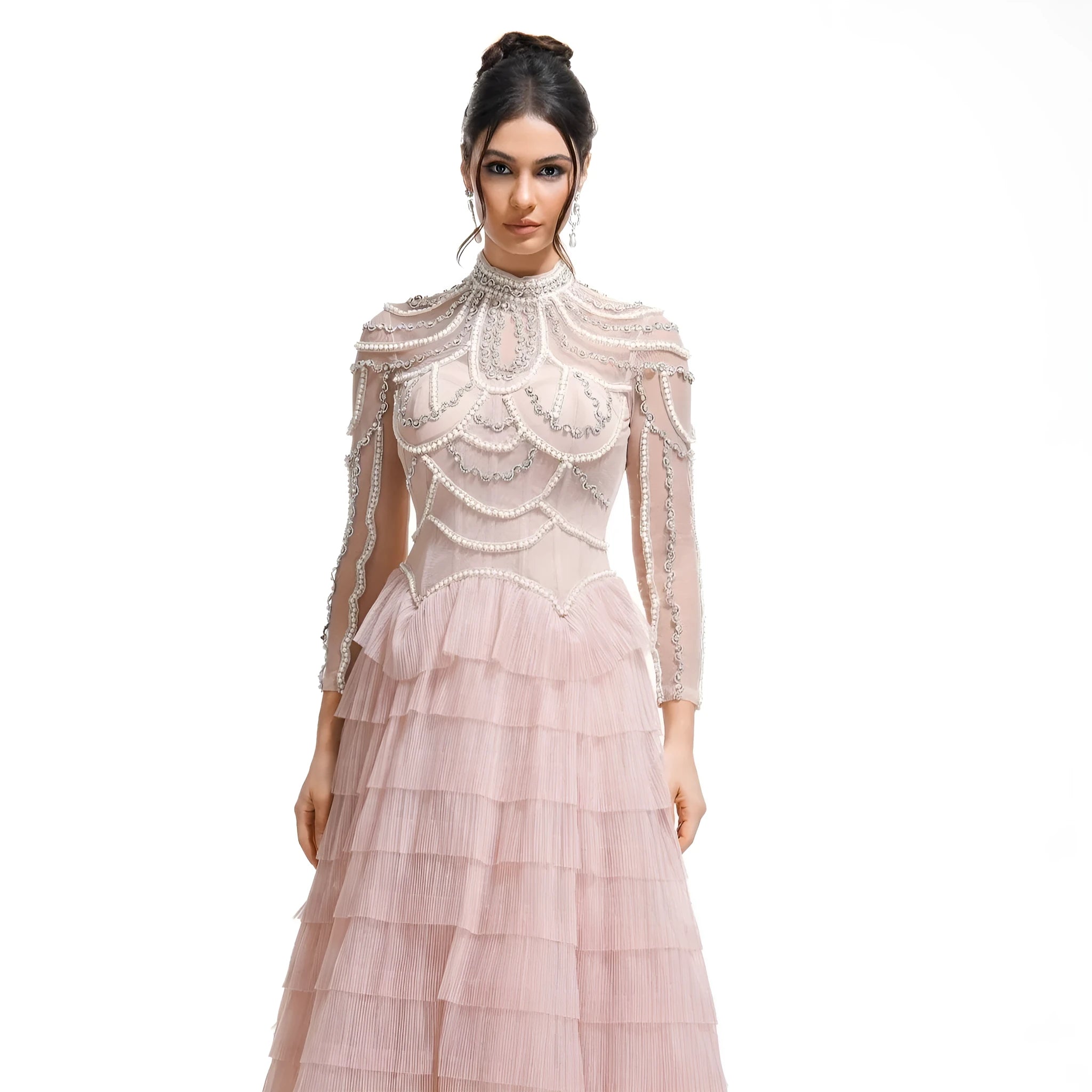 Women's long sleeve beaded dress in black or pink with three-dimensional decoration
