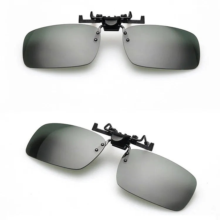 Clip-on myopia sunglasses for driving, showing grey, dark green and night vision tint options on large and small PC lens frames.
