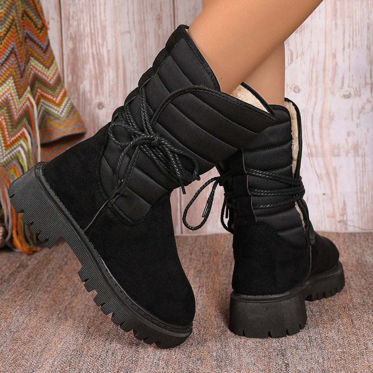 Women's black suede chunky heel snow boots with lace-up design and fleece lining.